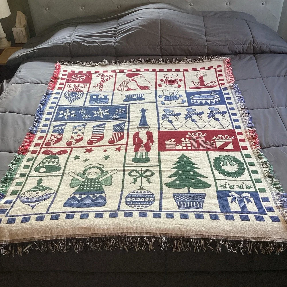 Holiday Throw Blanket Coming Home Tapestry Christmas Ornament Santa Decor Fringe